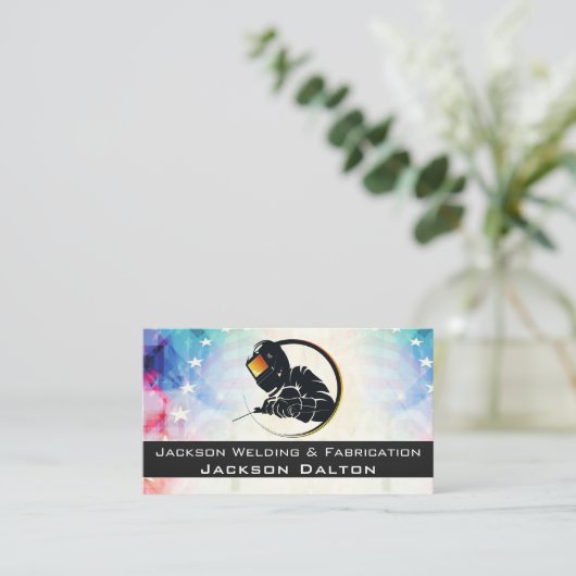 米国国旗の金属溶接加工ファブリケータQRコード 名刺 (スタンド正面)