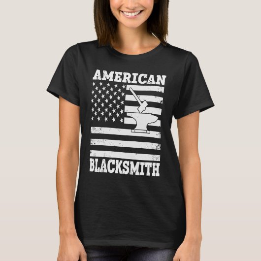 米国国旗の鍛冶アンビル&ハンマーアメリカンブラック Tシャツ (正面)