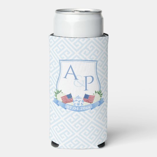 米国国旗の青い白結婚の紋章のシャワー スリム缶クーラー (Seltzer正面)