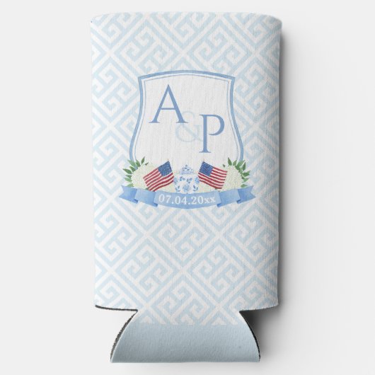 米国国旗の青い白結婚の紋章のシャワー スリム缶クーラー (裏面)