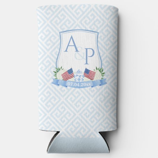 米国国旗の青い白結婚の紋章のシャワー スリム缶クーラー (正面)