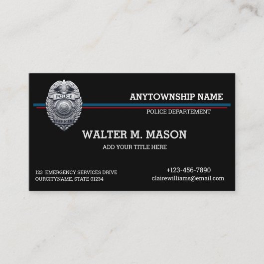 米国国旗の青い線の警察官シルバーバッジ 名刺 (正面)