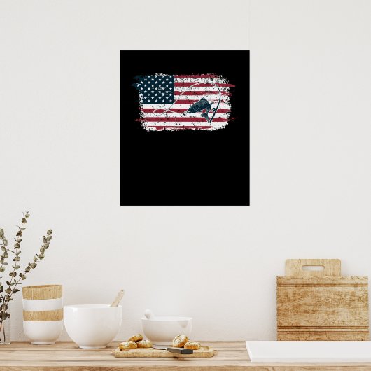 米国国旗の魚釣りヴィンテージ魚釣り ポスター (キッチン)