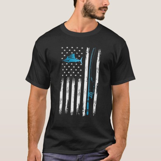 米国国旗の魚釣りヴィンテージ魚釣り Tシャツ (正面)