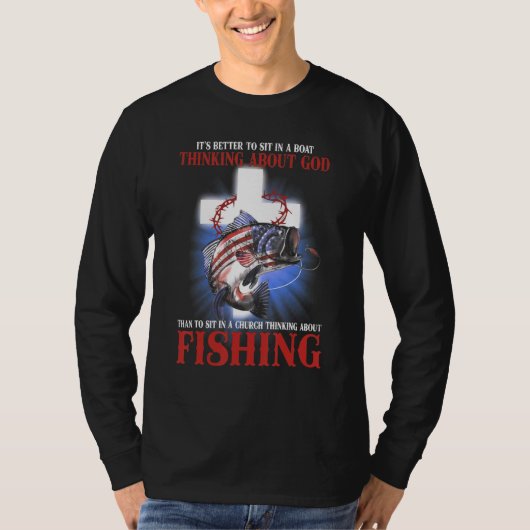 米国国旗の魚釣り考えの神について Tシャツ (正面)