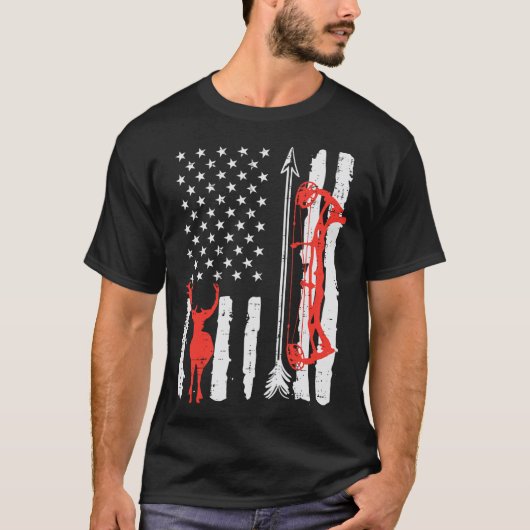 米国国旗の鹿の弓狩り愛国射手ハンターM Tシャツ (正面)