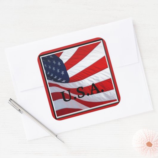 米国国旗を振る スクエアシール (封筒)