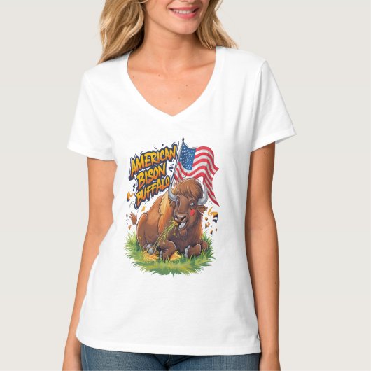 米国国旗を掲げたバイソン Tシャツ (正面)