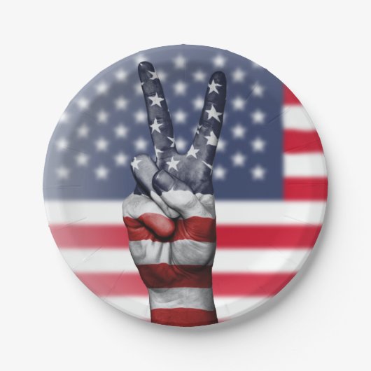 米国国旗を掲げた平和手印 ペーパープレート (正面)