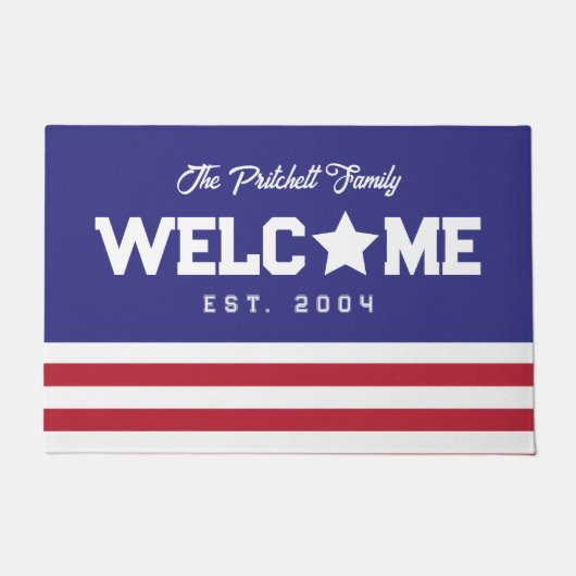 米国国旗インスパイアの歓迎ファミリー名 ドアマット (正面)