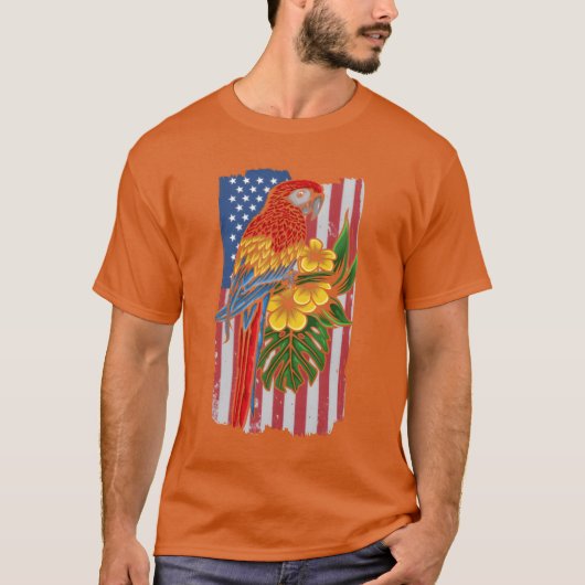 米国国旗オウム鳥愛人オウム鳥アメリカンフー Tシャツ (正面)