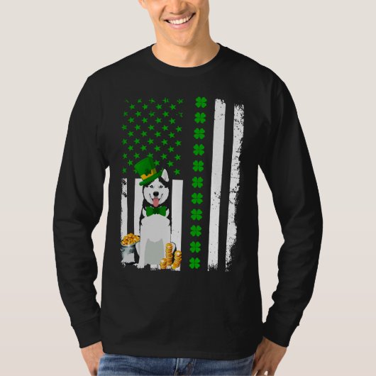 米国国旗シベリアのハスキー犬おもしろいSt patricks Tシャツ (正面)