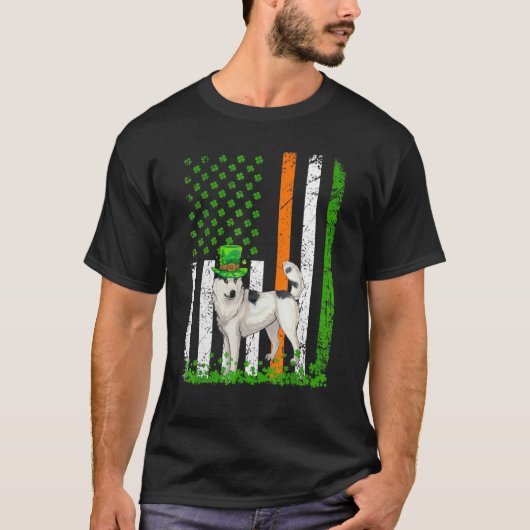米国国旗シベリアのハスキー犬St patricks day Tシャツ (正面)