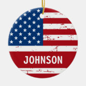 米国国旗パーソナライズされたの赤青 セラミックオーナメント (正面)