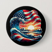米国国旗ビーチウェーブサンセット愛国芸術 缶バッジ (正面)