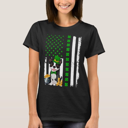 米国国旗ボストンテリアードッグおもしろいSt patricks Tシャツ (正面)
