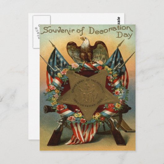 米国国旗リースイーグルガンフラワーズ ポストカード (正面/裏面)