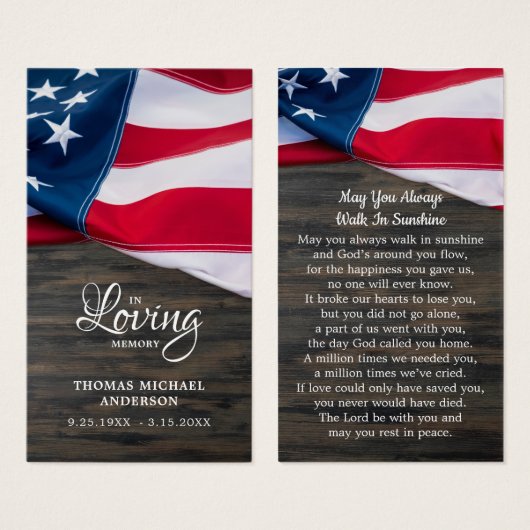 米国国旗悔やみや弔慰葬儀記念祈りの言葉カード (正面&裏面)