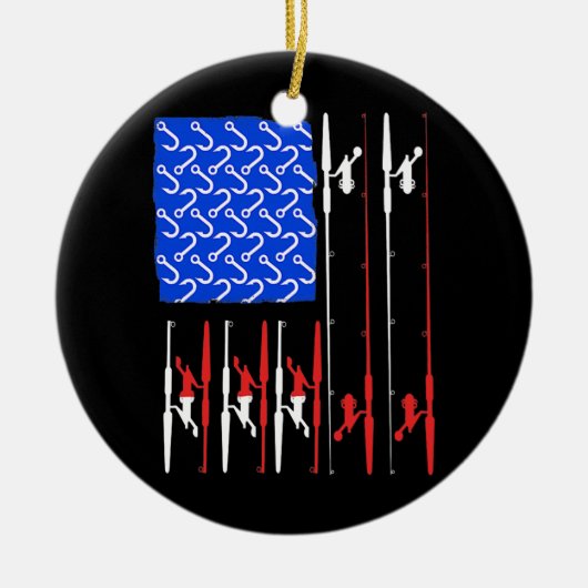 米国国旗魚釣り釣竿魚漁師  セラミックオーナメント (正面)