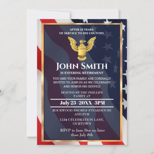 米国国旗/ゴールデンイーグル軍隊除・売却パーティー請求書 招待状 (正面)
