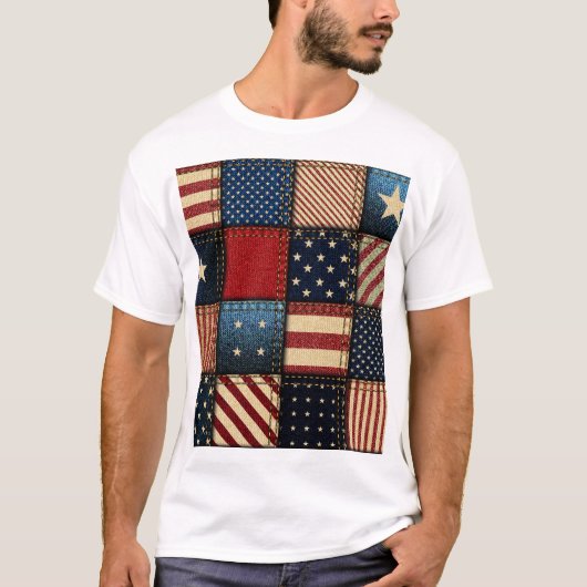 米国国旗、パッチワークのシームレスパターン。 Tシャツ (正面)