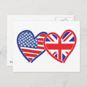 米国国旗/ユニオンジャック国旗のハート ポストカード (正面/裏面)