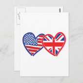 米国国旗/ユニオンジャック国旗のハート ポストカード (正面/裏面)