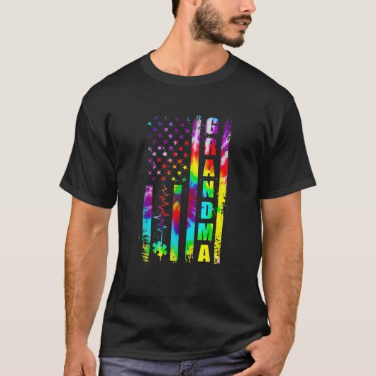 米国国旗、自閉症に関する認識のおばあちゃんの支援ネクタイ Tシャツ (正面)