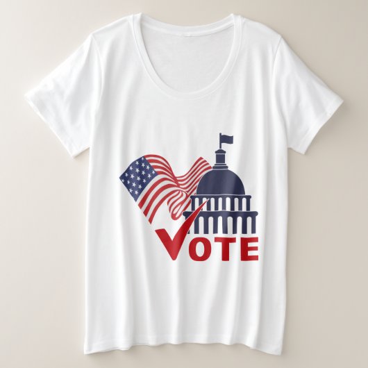 米国国旗、資本投票チェック・マーク プラスサイズTシャツ (デザイン正面)