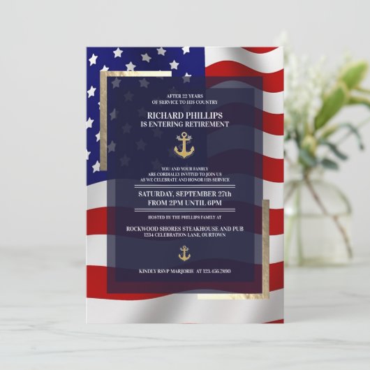米国国旗/金ゴールドいかり軍隊退職パーティー 招待状 (スタンド正面)