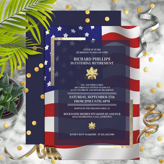 米国国旗/金ゴールドオークリーフ軍隊退職パーティー 招待状