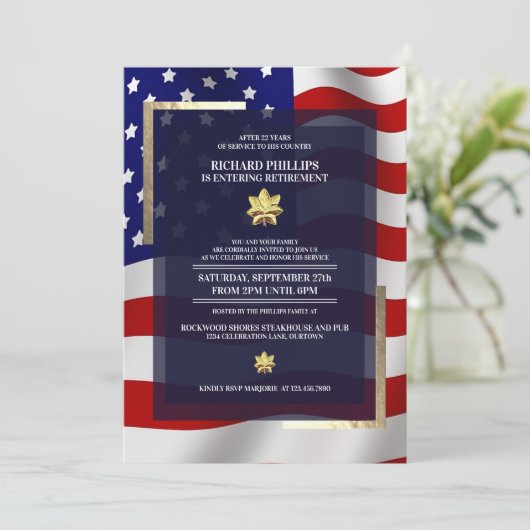 米国国旗/金ゴールドオークリーフ軍隊退職パーティー 招待状 (スタンド正面)