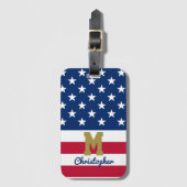 米国国旗 | 7月4日 |名前とモノグラム ラゲッジタグ (正面縦)
