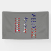 米国国旗(v)の上に置かれた我が家へようこそ 横断幕 (横)