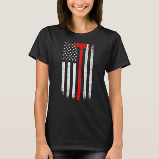 米国国旗Ax薄い赤線の消防士サポート Tシャツ (正面)