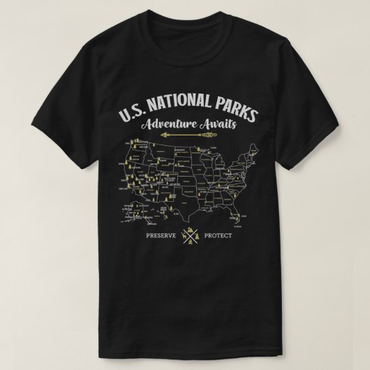 米国国立公園地図ヴィンテージ屋外キャンピングヒック Tシャツ (デザイン正面)