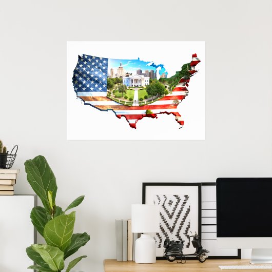 米国地図に概要を表示する国旗 ポスター (ホームオフィス)