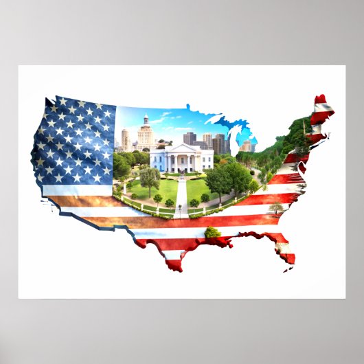 米国地図に概要を表示する国旗 ポスター (正面)