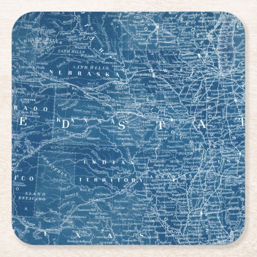 米国地図の青写真 スクエアペーパーコースター (正面)