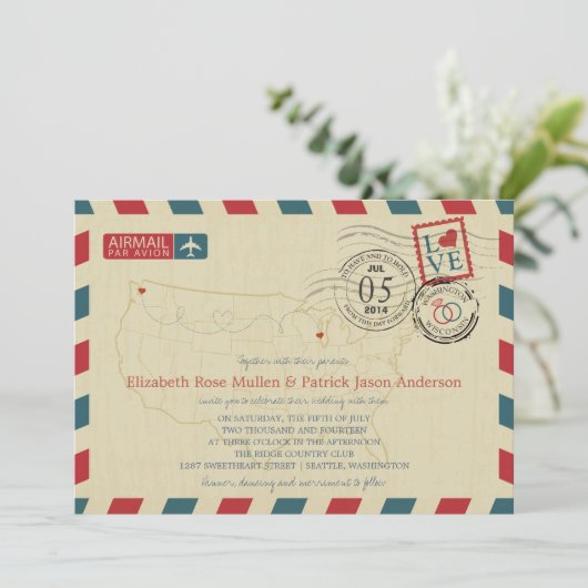 米国地図エアメール結婚式招待状 招待状 (スタンド正面)