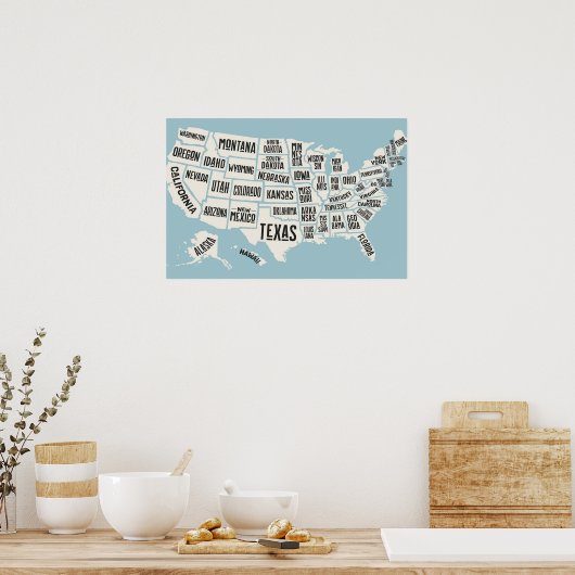 米国地図(州名統一された州) ポスター (キッチン)