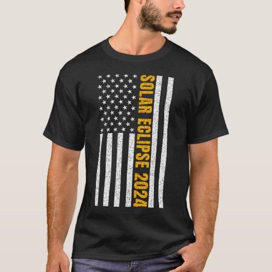 米国太陽の皆既食2024年4月8日米国国旗 Tシャツ (正面)