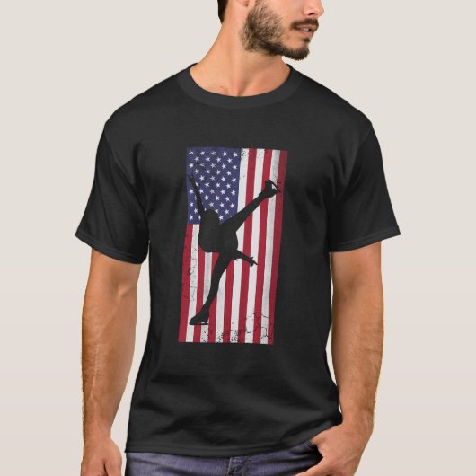 米国姿スケートで滑る米国国旗 Tシャツ (正面)
