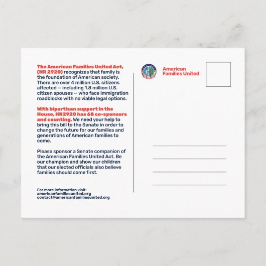 米国家族統一されたの上院議員へのポストカード ポストカード (裏面)