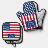米国愛国国旗7月4日家族名 鍋つかみ&鍋敷きセット (正面/裏面)