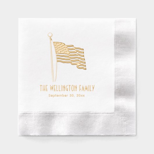 米国愛国心を持つ国旗の国名なびく日付 箔ナプキン (正面)
