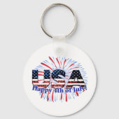 米国文字国旗のグリッター花火7月4日Happy キーホルダー (正面)