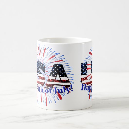 米国文字国旗のグリッター花火7月4日Happy コーヒーマグカップ (中央)