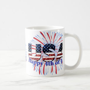 米国文字国旗のグリッター花火7月4日Happy コーヒーマグカップ
