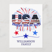 米国文字国旗のグリッター花火7月4日Happy ポストカード (正面)